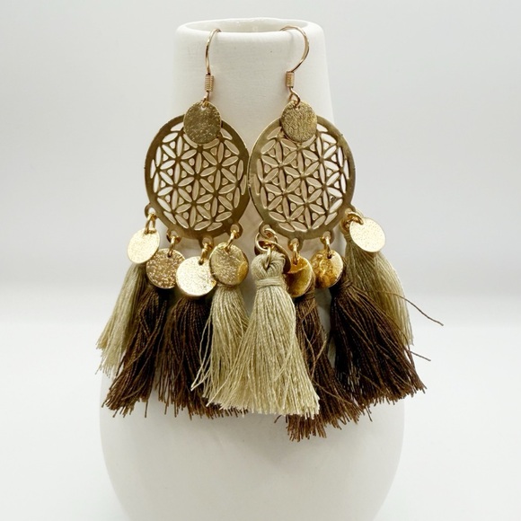 Gold and Brown Tassel Earrings - Picture 1 of 4